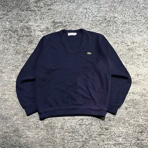 Vintage 80s 90s IZOD Lacoste Sweater V-Neck Medium Blue Gator Grandpa Acrylic